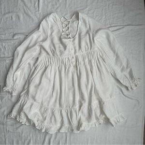 White Long Sleeve Peasant Babydoll Mini Dress